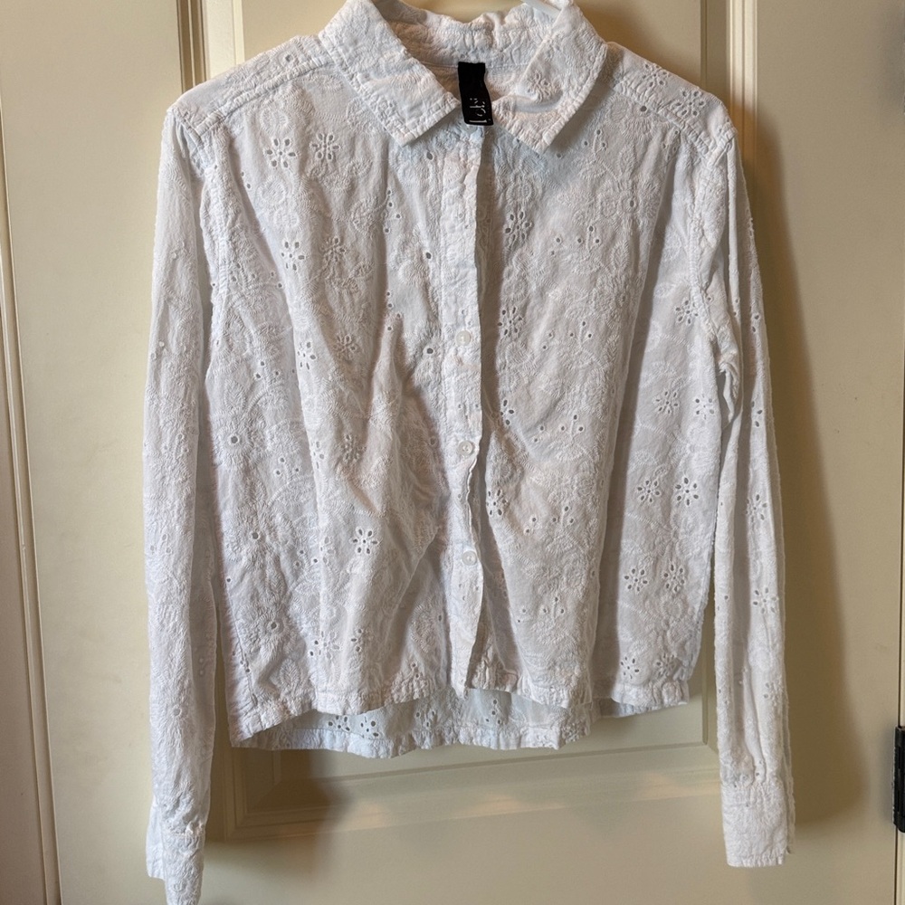 Bobi White Eyelet Button-Up Shirt